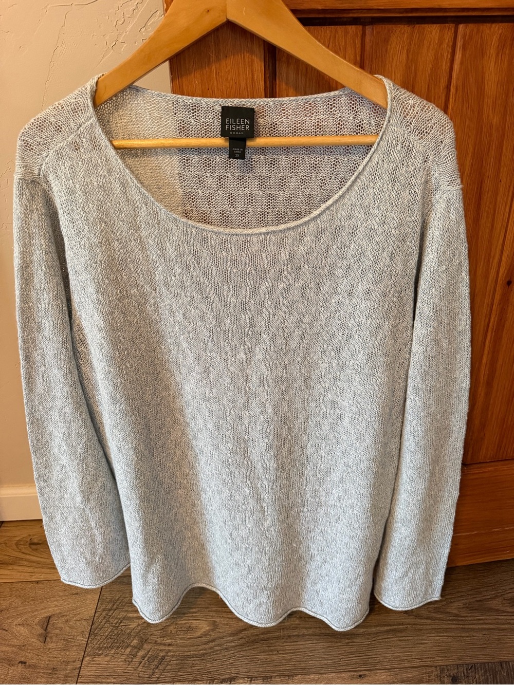 Eileen Fisher Woman 3X Light Blue Grey 100% Linen Open Knit Scoop Neck Sweater